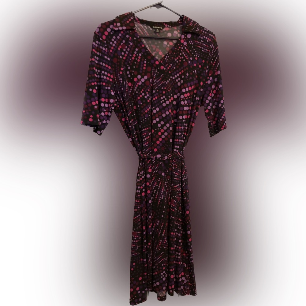 George Black with Purple Dots Belted Dress Large